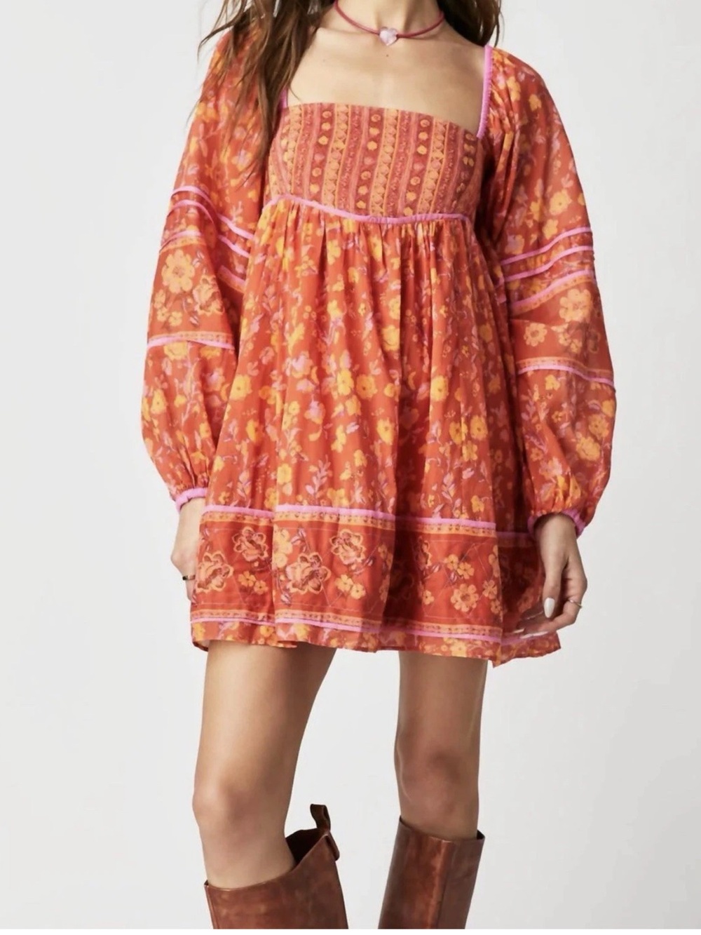 Free People Orange Floral Peasant Mini Dress with Pink Trim Size S